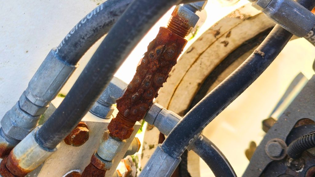 Technician inspecting a truck mounted elevated work platform for early signs of wear and potential repair issues.